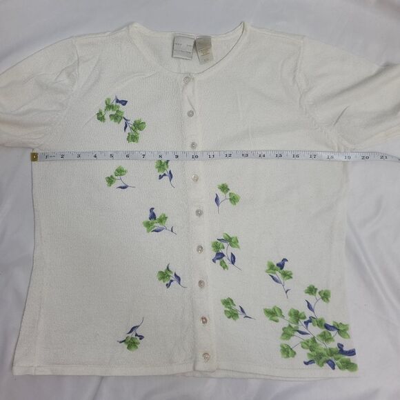 VINTAGE 90s sweater white floral‎ button up cardigan M - Picture 5 of 7